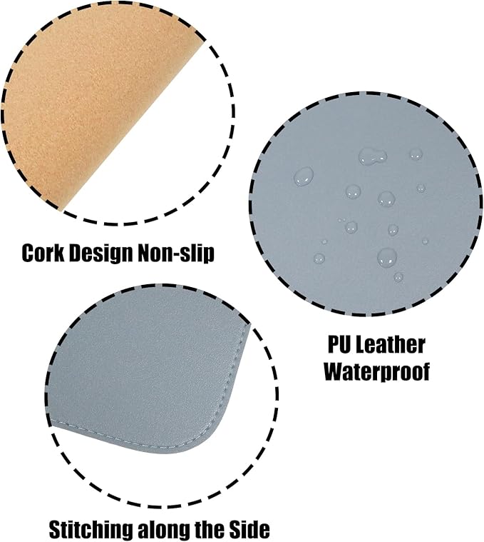 Double-Sided Keyboard Mouse Pad, 31.5"x15.7" PU Leather and Cork Desk Mat Large Overlocked-Edge Desk Pad with Matching Thread, Blue