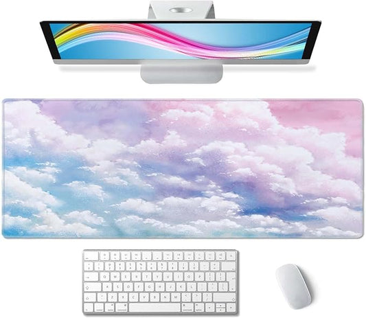 Cute Watercolor Pastel Sky Mouse Pad (31.5 × 11.8 × 0.12 inch) Extended Large Mouse Mat Desk Pad, Stitched Edges Mousepad,Non-Slip Rubber Base,Gaming Mouse Pad XL