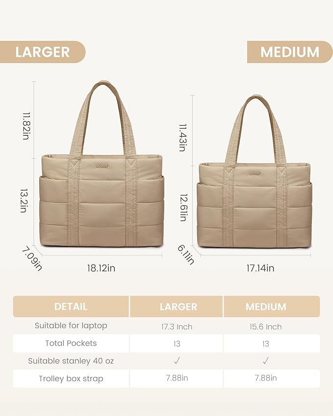 LOVEVOOK Tote Bag for Women, Large Puffer Work Tote Bag for 17.3 Inch Laptop, Lightweight Travel Tote with Zipper Gifts for Women