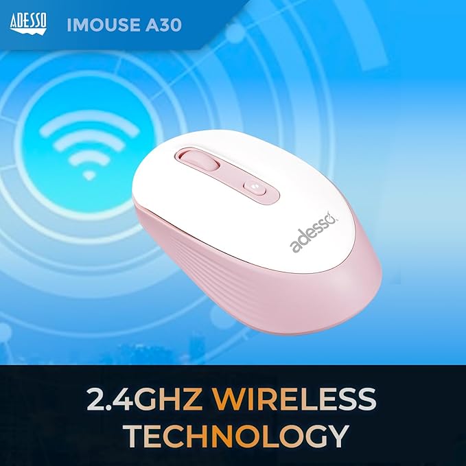 Adesso iMouse A30 Wireless Mouse with AI Copilot Button 2.4GHz USB Dongle 1200 DPI Left and Right Hand Design (Pink)
