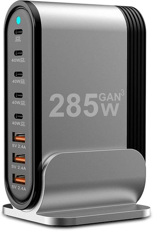 USB C Fast Charger - 285W GaN 8 Port Fast Charging Station Tower Hub: Type C Charger Block Power Strip Adapter Plug for MacBook iPad iPhone 17/16/15/14/13/12 Pro Max Samsung Galaxy & More Smartphones