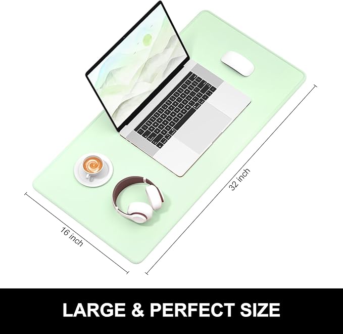 Hsurbtra Desk Pad, 32" x 16" Premium-Textured Desk Mat, Stitched Edge Anti-Slip Waterproof Rubber Mouse Pad, L Extended Computer Mat for Office Gaming Laptop Keyboard Lake Green