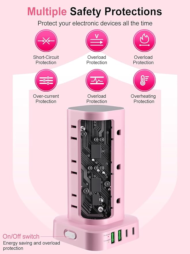 Power Strip Tower with Multiple Outlets, Flat Plug Surge Protector Tower Extension Cord with 12 AC Outlets 4 USB Ports (2 USB C), 6FT Cord Power Tower Surge Protector for Home Office Dorm Room, Pink