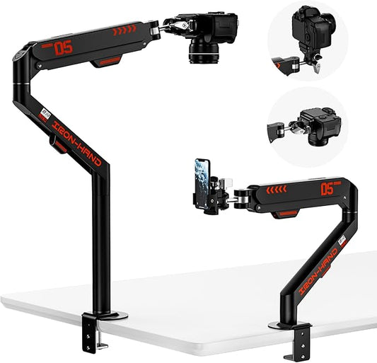 Overhead Camera Mount with 360° Adjustable Arm & Phone Holder for TikTok Live Streaming Photography Studio Content Creation, Desk Mount for for DSLR Camera/Webcam/Microphone, Black by JINRAIKO