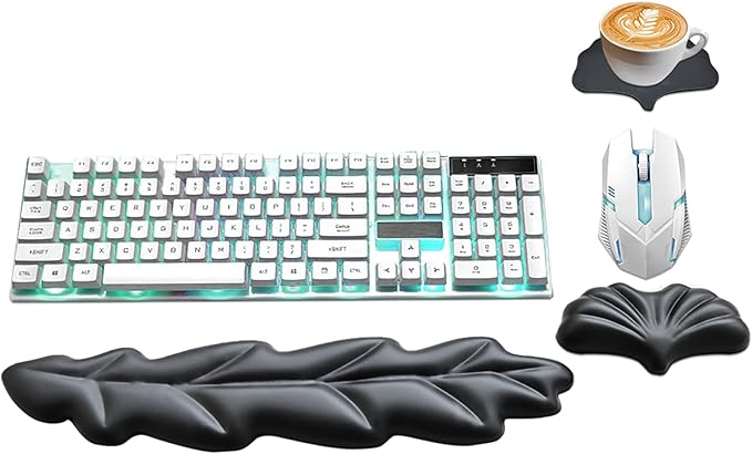 Ergonomic Keyboard Wrist Rest, Leaf Shape PU Leather Memory Foam Wrist Support for Computer Keyboard, Keyboard Pad and Cute Mouse Wrist Pad for Gaming,Office, Computer, Typing Pain Relief, Black