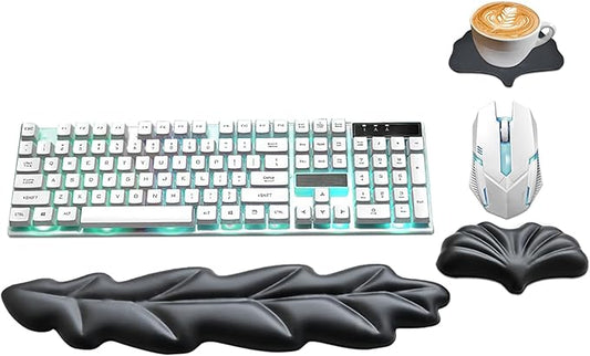 Ergonomic Keyboard Wrist Rest, Leaf Shape PU Leather Memory Foam Wrist Support for Computer Keyboard, Keyboard Pad and Cute Mouse Wrist Pad for Gaming,Office, Computer, Typing Pain Relief, Black