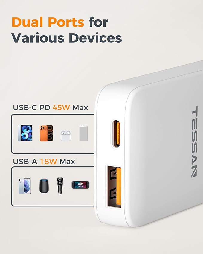Flat Wall Charger USB C PD 45W, TESSAN Flat USB Wall Plug Foldable, Outlet Adapter Fast Charging Block, Ultra Slim Charger Compatible with iPhone 17/16/15 Series and Samsung Galaxy Models, Travel