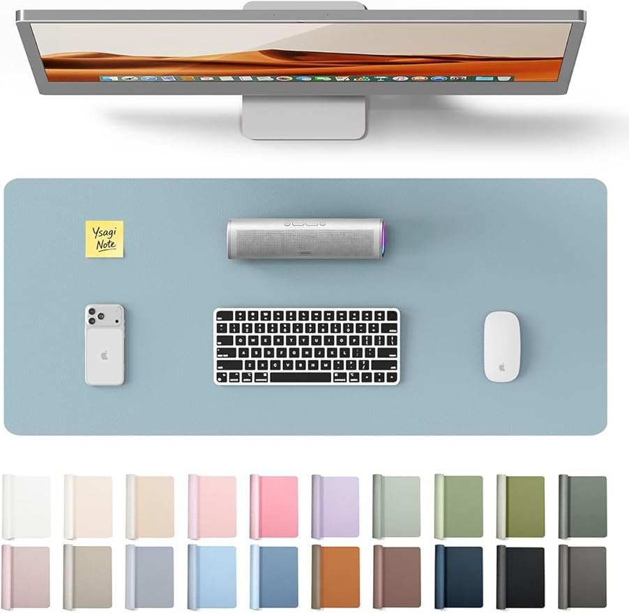 YSAGi Leather Desk Protector, Office Mat, Large Mouse Mat, Non-Slip PU Leather Blotter, Laptop Desk Pad, Waterproof Writing Pad for Office and Home (Ice Blue, 23.6" x 13.8")