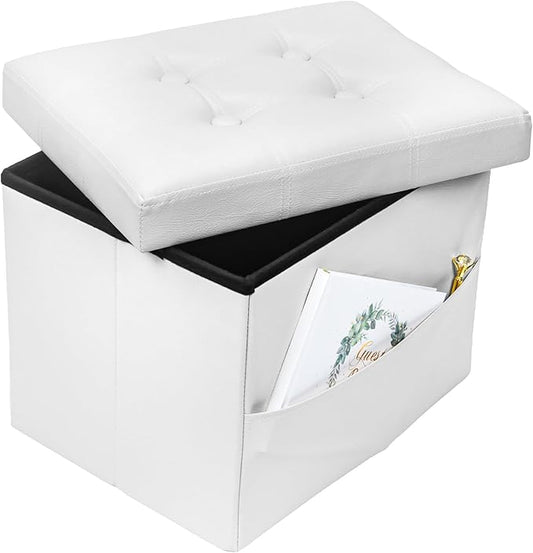 Bsketa Storage Ottoman Foot Rest Stool, Small Leather Storage Ottomans Bench, Folding Footstool with Side Pockets, Foot Rest Under Desk for Living Room Bedroom, 17x13x13 in, White