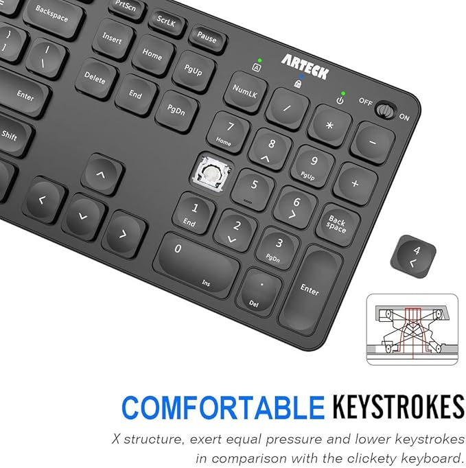Arteck 2.4G Wireless Keyboard Ultra Slim Full Size Keyboard with Numeric Keypad and Media Hotkey for Computer/Desktop/PC/Laptop/Surface/Smart TV and Windows 10/8/ 7 Built-in Rechargeable Battery