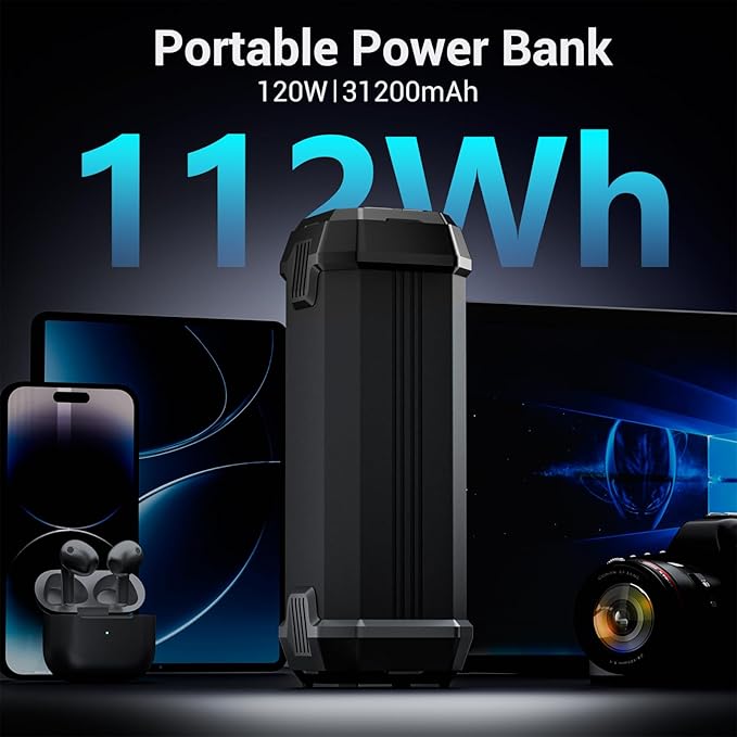 Portable Laptop Power Bank with 120W AC Outlet, 31200mAh Portable Laptop Charger, 65W PD USB C Backup Power Source for Travel and Outdoor Activities