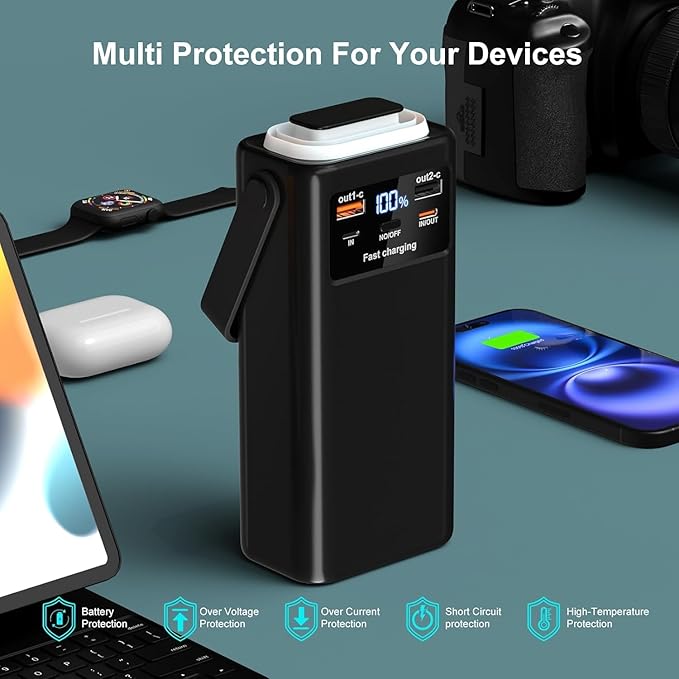 Power Bank 52800mAh PD 35W High Capacity Battery Pack with Built-in 4 Cables & LED Flashlight - 8 Port Portable Charger for Travel, Outdoor, and Multiple Device Charging