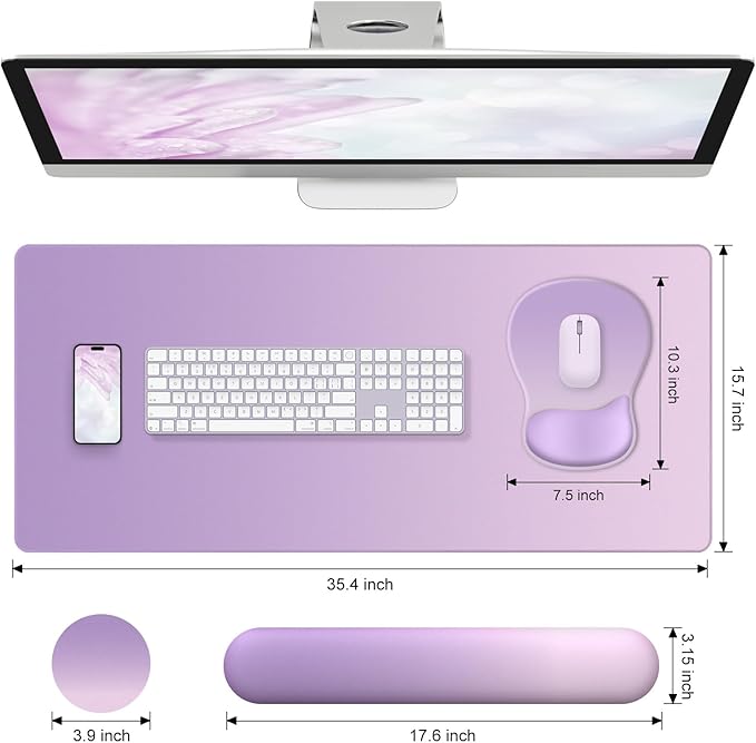 4-in-1 Large Gaming Mouse Pad, Keyboard Wrist Rest Pad & Wrist Support Mousepad Set, Extended Desk Pad Waterproof Desk Mat for Home Office Decor Study Game 35.4×15.7 Inches I Purple Pink Lavender