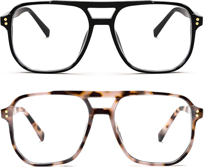 FEISEDY 2Pack Blue Light Blocking Glasses Fake Nerd Clear Square Computer Lightweight Pilot Glasses Frame Oversized B2866