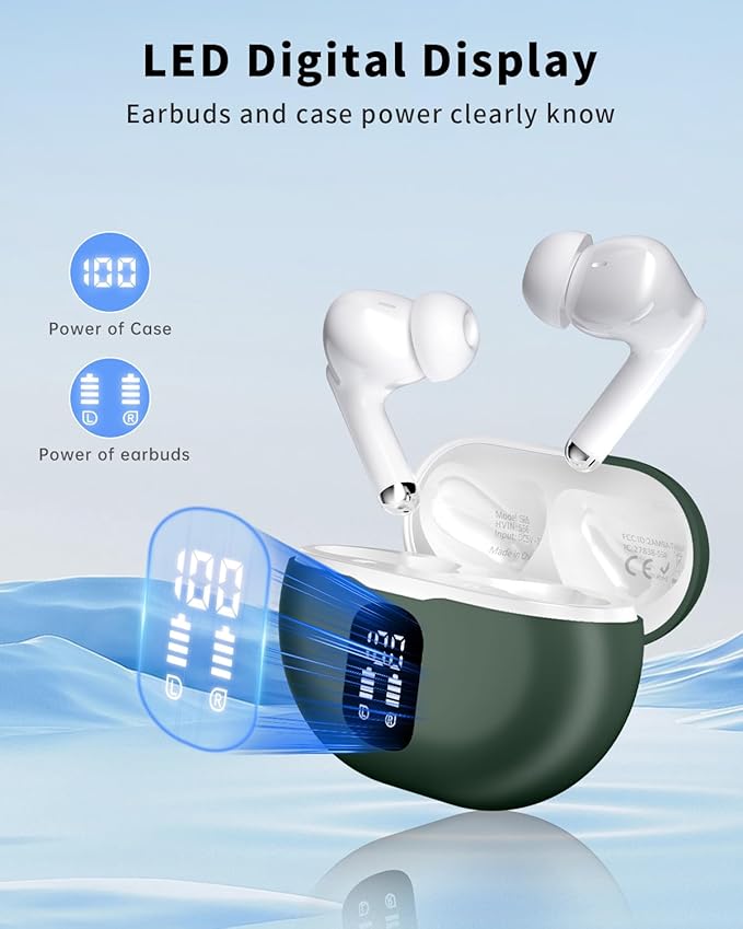 Wireless Earbuds, Bluetooth 5.4 Headphones with 50H Playback, Deep Bass Stereo Ear Buds Clear Calls with LED Power Display, Light Green