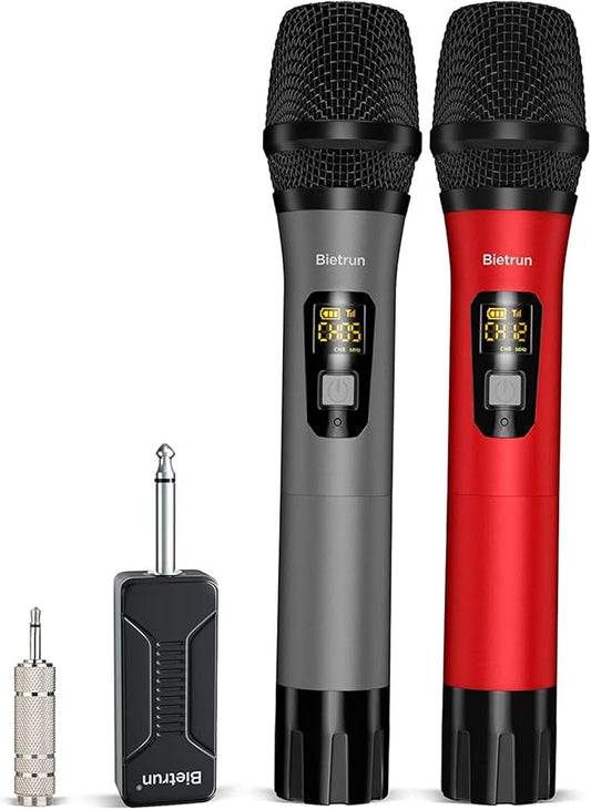 Bietrun UHF Wireless Microphone with 1/4'' Plug Rechargeable Receiver, 160 Feet, Professional Metal Dual Handheld Cordless Dynamic Mic System for Karaoke, Wedding, Singing, DJ, Party, Speech, Church