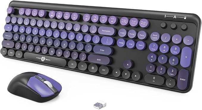 FOPETT Wireless Keyboard and Mouse Combo, 104 Keys Full-Sized 2.4 GHz Round Keycap Colorful Keyboards, USB Receiver Plug and Play, for Windows, Mac, PC, Laptop, Desktop (Black Purple)