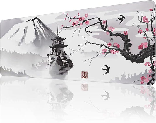 ETZ Japanese Cherry Blossom Mouse Pad (31.5 × 11.8 × 0.12 inch) Extended Large Mouse Mat Desk Pad, Stitched Edges Mousepad,Non-Slip Rubber Base,Gaming Mouse Pad