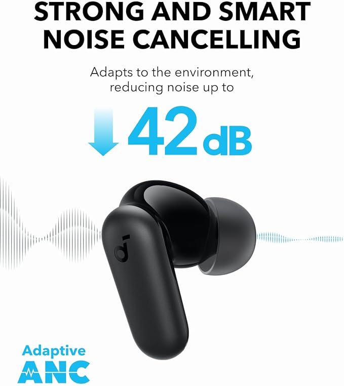 Soundcore P30i by Anker Noise Cancelling Earbuds, Strong and Smart Noise Cancelling, Powerful Bass, 45H Playtime, 2-in-1 Case and Phone Stand, IP54, Wireless Earbuds, Bluetooth 5.4 (Black)