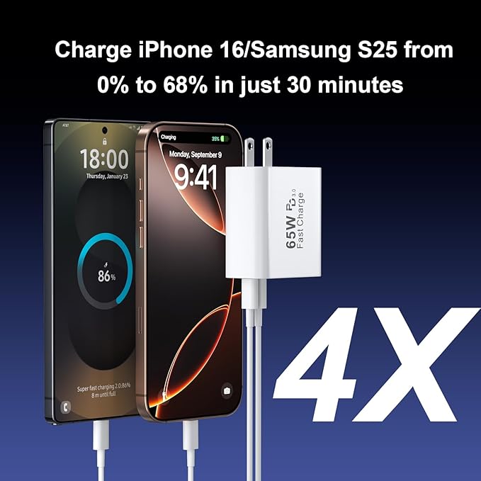 USB C Fast Charger Block, 65W GaN 6 Port USB C Wall Charger 30W Type C Charging Blocks, 3USB C+3USB A PPS/PD 3.0 Multiport Charging Cube for iPhone 17 16 15 14 Pro Max,for Galaxy S25 S24, iPad, 2 Pack