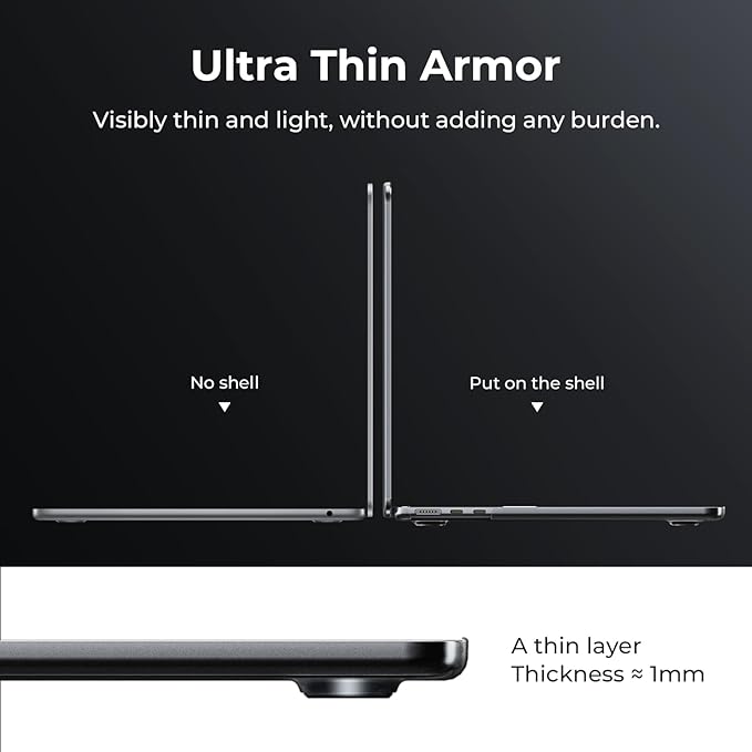 EooCoo Case Compatible with MacBook Air 13 inch M5 2026-2022 Release M4 M3 M2 A3449 A3240 A3113 A2681, Hard Shell&Keyboard Skin Cover&Screen Protector for Mac Air 13.6 inch, Matte Midnight Black