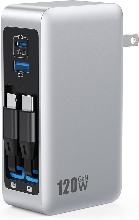 USB C Charger Block 120W with Built-in 2 Retractable Cables,4-in-1 GaN IV Charger Fast Charging Foldable Plug Wall Charger,PD 65W Laptop Charger for MacBook,iPad,iPhone 17/16/15,Galaxy,Android-Silver