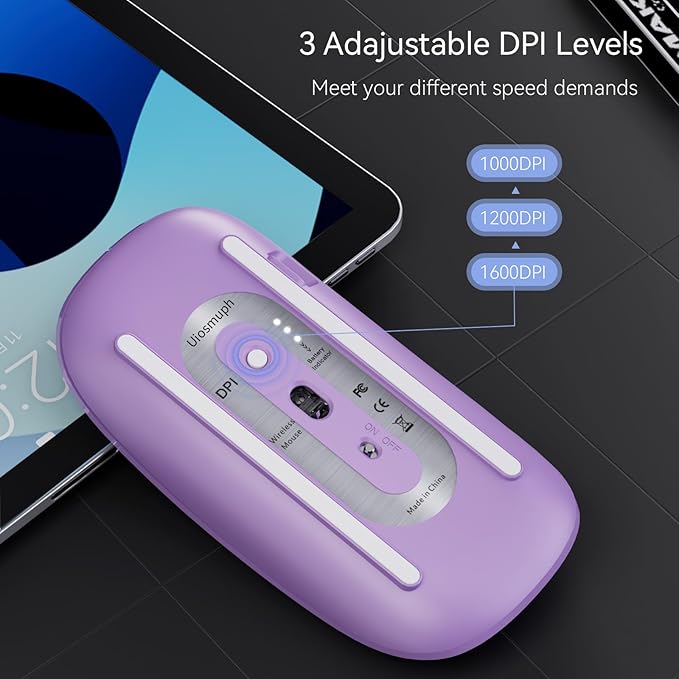 Uiosmuph G11 Wireless Mouse, USB C Rechargeable Computer Mouse, Slim Silent Mice 2.4GHz Optical with USB Nano Receiver and USB C Receiver for Laptop/Mac/PC - Purple