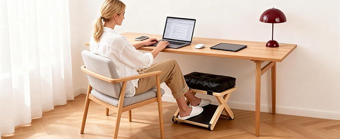 Wooden Under Desk Footrest with Non-Slip Rubber Stepping Surface, Ergonomic Foot Stool for Home Office Gaming Work Posture Support (Wood Color)