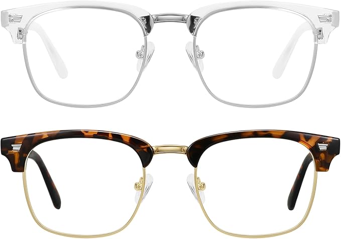 MEETSUN Blue Light Glasses Retro Half Frame Clear Lens - Anti-Eyestrain for Computer, Gaming & Phone Use | Women Men Fashion Bluelight Glasses(Tortoiseshell Frame+Clear Frame / 2 PACK)