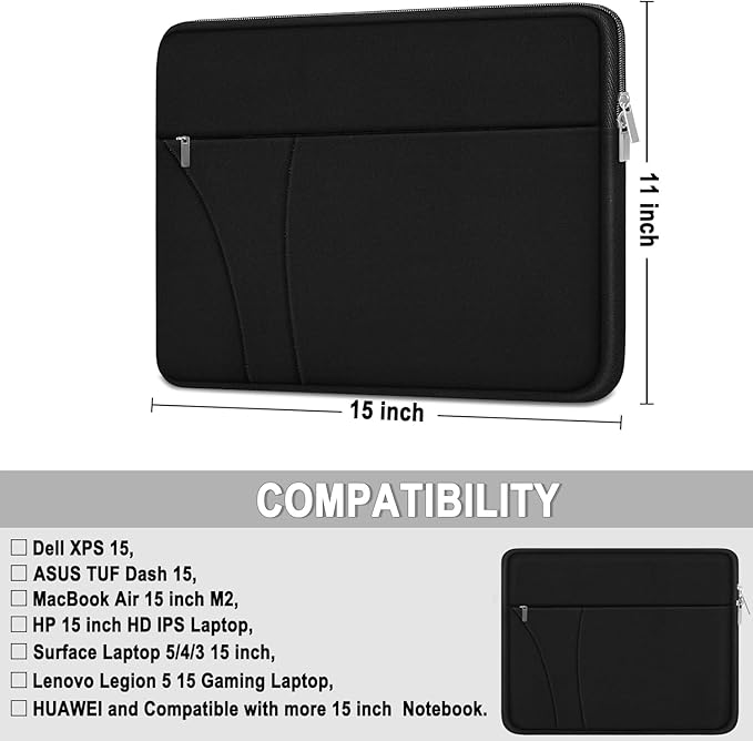 Laptop Case 15 inch, Shockproof Protective Carrying Briefcase Computer Sleeve with Zippered Pocket, Traveling Laptop Cover Compatible for HP, Dell, Asus, Lenovo, Notebook, Black