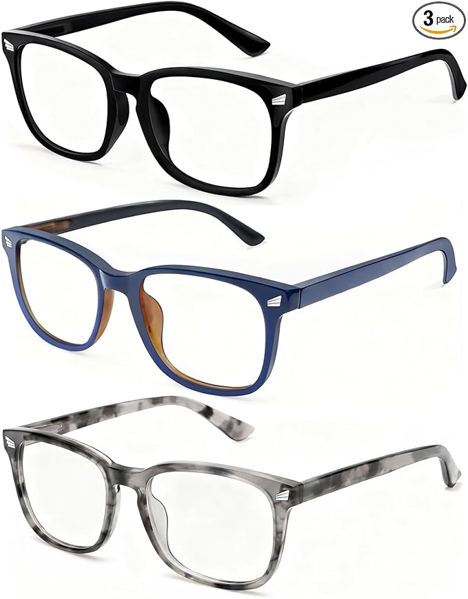 Blue Light Glasses for Woman Men | 99% Blue Light Blocking Glasses | Computer Glassess | Gaming | TV Phone Screen Reader Square Frame | Anti Eyestrain & UV Glare,3 Pack
