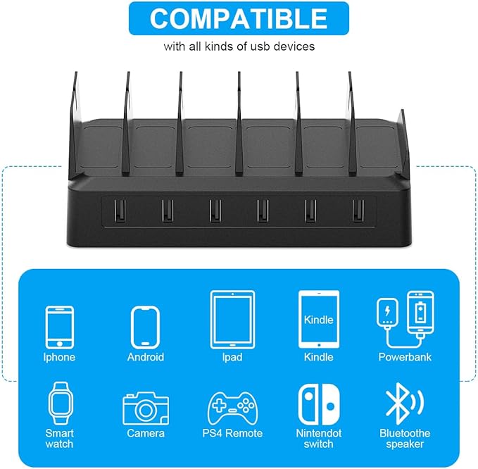 Charging Station for Multiple Devices, 6 Port USB Charger with Holder Stand and Cables for iPad, Apple, Android, Tablet, Office Desk Charging Dock Storage Organizer (White)