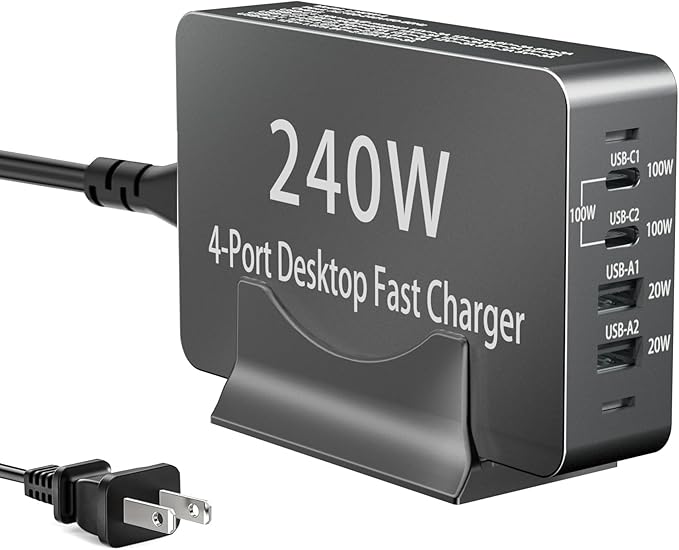 240W USB C Charger Block, 4 Port USB Fast Charging Station 100W Laptop Power Adapter for MacBook, Laptop, Tablet, iPad, iPhone, Cell Phone Multiple Devices Charging Station, Type C Charger