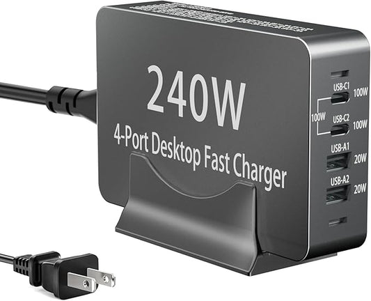 240W USB C Charger Block, 4 Port USB Fast Charging Station 100W Laptop Power Adapter for MacBook, Laptop, Tablet, iPad, iPhone, Cell Phone Multiple Devices Charging Station, Type C Charger