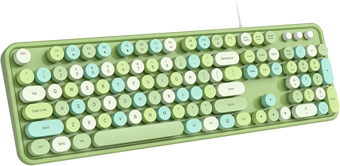 Wired Keyboard, 104 Keys Full-Sized Typewriter Keyboards, USB Plug Play Office Keyboard with Number Pad, Caps Indicators, Foldable Stands for Windows, PC, Laptop, Desktop (Green Colorful)