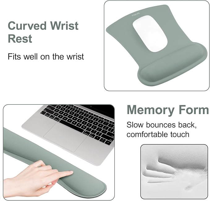 MOSISO Wrist Rest Support for Mouse Pad & Keyboard Set, Ergonomic Mousepad Non-Slip Base Home/Office Pain Relief & Easy Typing Cushion with Neoprene Cloth & Raised Memory Foam, Antique Green