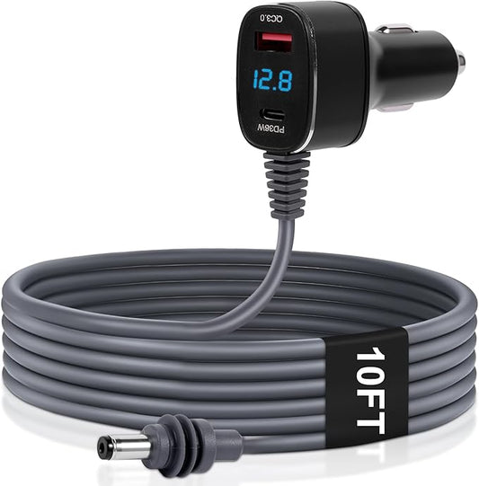 Starlink Mini Car Charger Cable, 3-in-1 Cigarette Lighter Power Adapter with Digital Display, USB C PD 36W & USB A QC 18W Ports, 12V-24V Waterproof 18AWG DC Cable for Trucks, Cars, RVs, Boats (10FT)