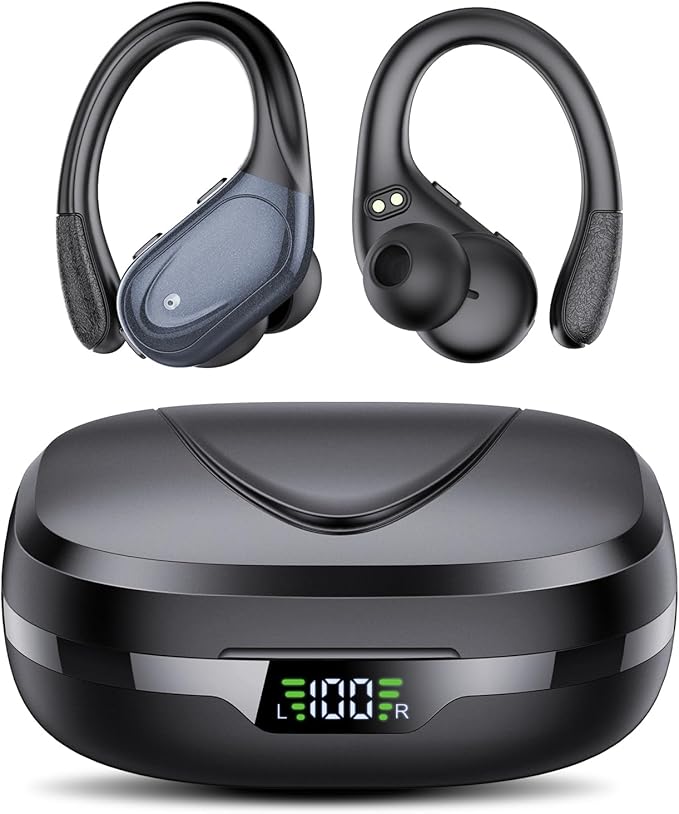 Ear buds Wireless Earbuds Bluetooth 5.3 Headphones 60hrs Playtime with Digital Display Sports Wireless Headphones with Earhook Deep Bass IPX7 Waterproof Over-Ear Earbuds for Android iOS Workout Black