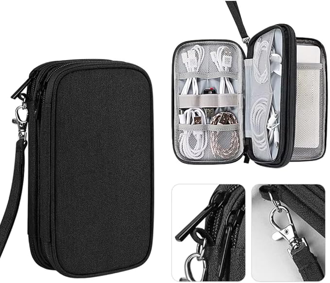 PrimeEssence Travel Cable Organizer Pouch Electronic Accessories Carry Case Portable Waterproof Double Layers Storage Bag for Cord, Charger, Phone, Earphone Black