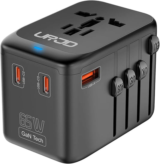 Universal Travel Adapter GaN 65W Fast Charger, 3 USB-C (Each 65W) & 1 USB-A (PD 45W), 2500W AC Outlet, International Power Adapter for Europe, UK, US, Australia, Worldwide Travel Plug Adapter