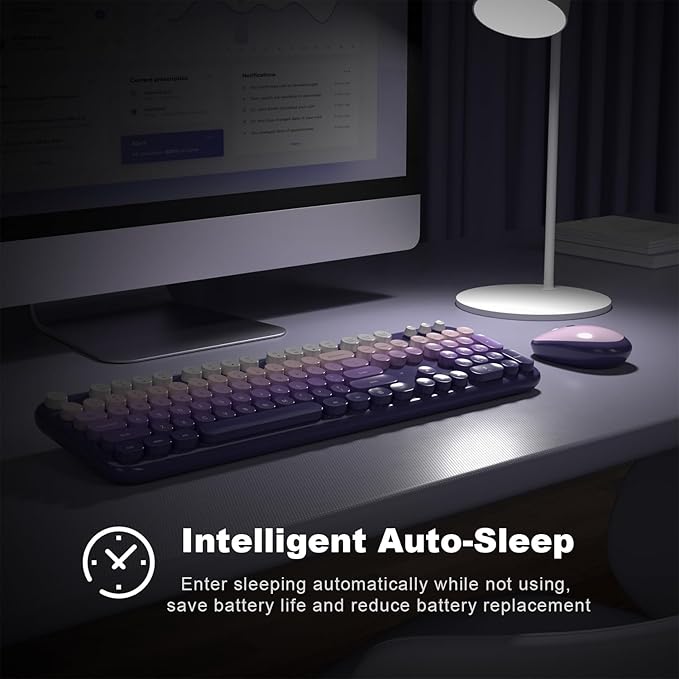 Wireless Keyboard and Mouse, 2.4G USB Retro Full Size Typewriter Keyboard and Cute Mouse Combo for Windows 7/8/10, Laptop, Desktop, PC, Computer (Purple)