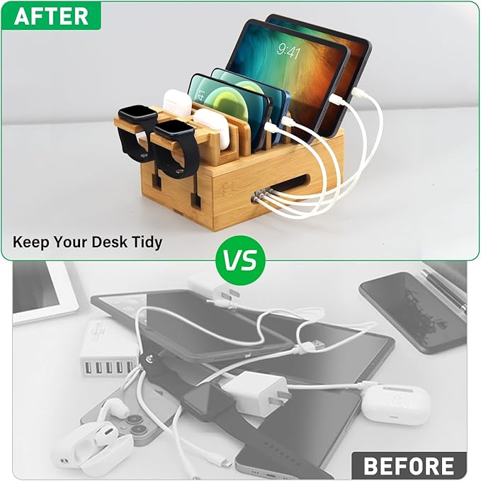 Bamboo Charging Stations for Multi Devices, Wood Desktop Docking Station Charger Organizer for Cell Phones, Tablets, Earphones, Watch (Includes 6 Charging Cables) (No Power Supply)