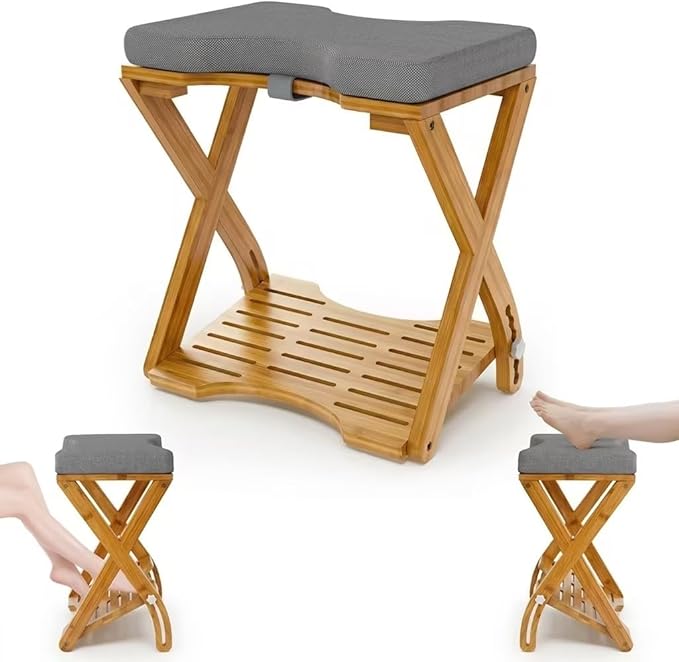 Double Step Footrest Under Desk,6 Adjustable Heights with Adjustment Knob,Adjustable lErgonomic Foot Stool Under Desk for Home &Office,Cushioned Top &Non-Slip Surface,Excellent Bamboo Wood