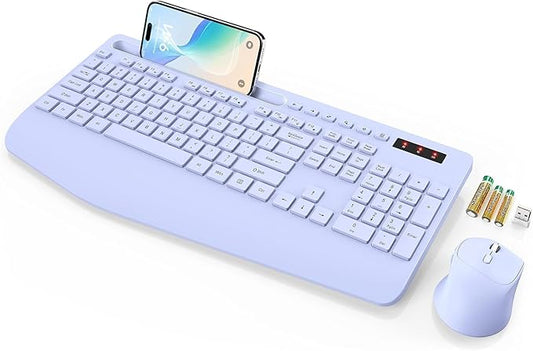 SABLUTE Wireless Keyboard and Mouse, Wrist Rest, Phone Holder, Batteries Included, 2.4G Lag-Free Ergonomic Keyboards Mouse Combo, KM23D Silent Keyboards Set for Computer, Laptop, PC, Windows, Purple