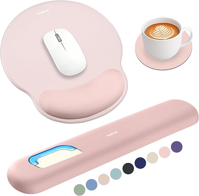 Sushret Mouse Pad and Keyboard Wrist Rest, 3-in-1 Gel Memory Foam Ergonomic Mouse Pad with Wrist Rest Set, Gaming Mousepad Arm Cushion Support for Computer Office Desk Accessories Cute Setup, Pink
