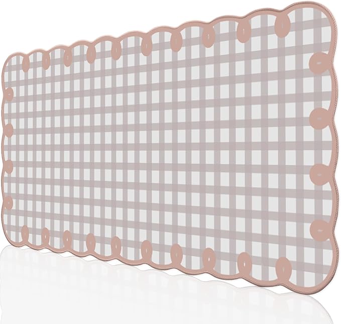 Cute Pink Scalloped Desk Mat Kawaii Pastel Retro Checkered Large Mouse Pad Boho Aesthetic Vintage Stitched Nonslip Pad Office Girl Women Desk Decor Computer Keyboard & Mouse 31 * 15.7in