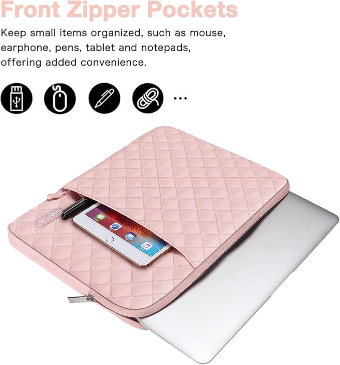 MOSISO Laptop Case 16 inch, 15-15.6 inch Laptop Sleeve Compatible with MacBook Pro 16, HP Dell Acer ASUS Lenovo Notebook, Square Quilted Vertical Computer Bag with Pocket&Small Case, Chalk Pink