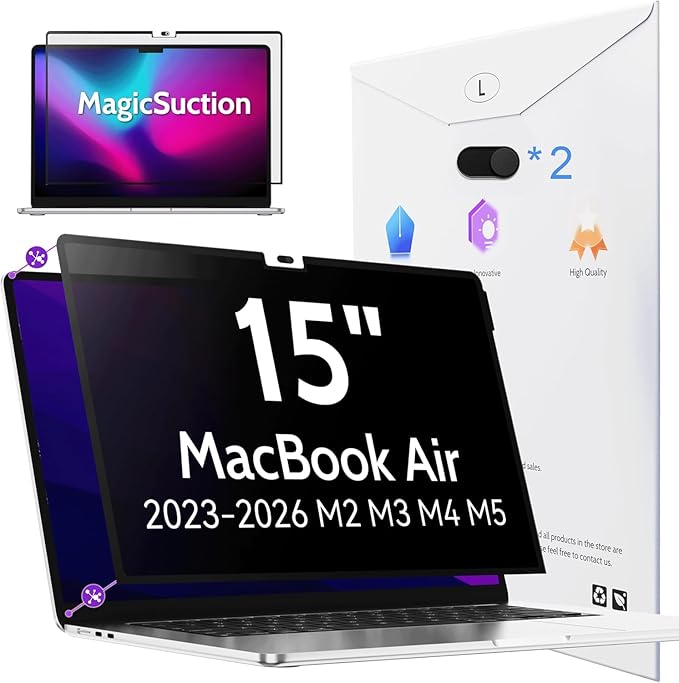 Peslv Privacy Screen for MacBook Air 15 Inch (2023-2026, M2, M3, M4, M5)- A3448 A3241 A3114 A2941, MagicSuction™ Removable Anti Spy Black Protector, Glare Blue Light Filter for Mac Laptop Computer