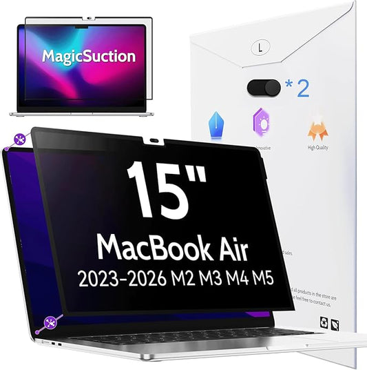 Peslv Privacy Screen for MacBook Air 15 Inch (2023-2026, M2, M3, M4, M5)- A3448 A3241 A3114 A2941, MagicSuction™ Removable Anti Spy Black Protector, Glare Blue Light Filter for Mac Laptop Computer