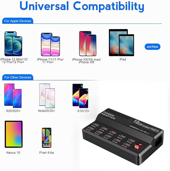 MaxLax USB Charging Station,10 Port 60W Multiple USB Charger Station,Multi Ports Charger Charging for Smartphones，Tablets，and Many Devices.